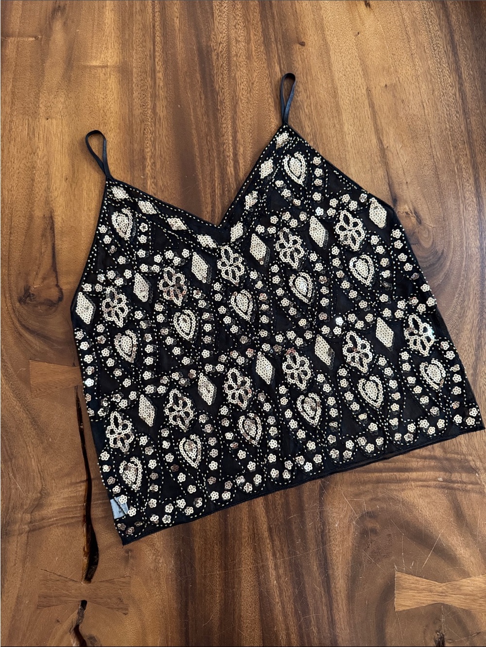 Black & Gold Sequin Sheer Cami Top | Beaded Mesh Party Tank
